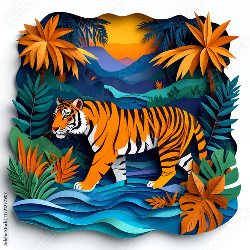 Papercraft Tiger in Jungle A Colorful Illustration of Wildlife and Nature
