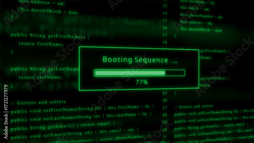 Booting Sequence Progress Bar Loading Screen with Green Code Background programming computer