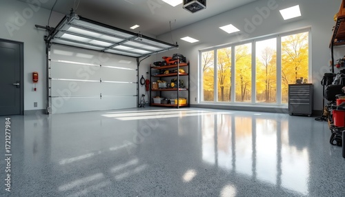 Modern garage with glossy grey epoxy floor coating featuring multi-colored flakes. Durable, hard-wearing surface offers protection against chemicals, stains. Floor boasts visually dynamic, custom