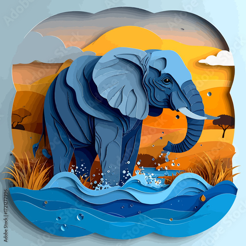 Majestic African Elephant Illustration amidst Serene Water and Landscape, showcasing power and peacefulness