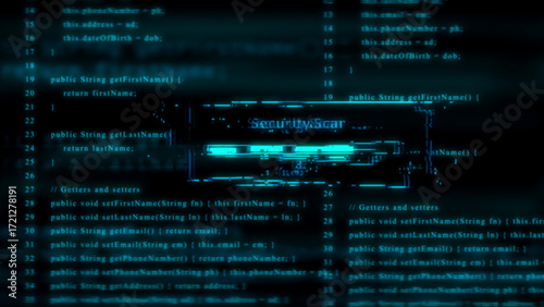 Glitching cyan computer code with security scan progress bar and digital distortion programming software
