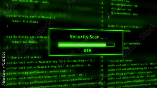 Green computer code with security scan progress bar and 84 percent loading programming software