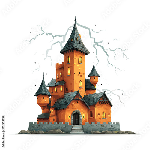 Orange castle with towers and lightning in a dark atmosphere  