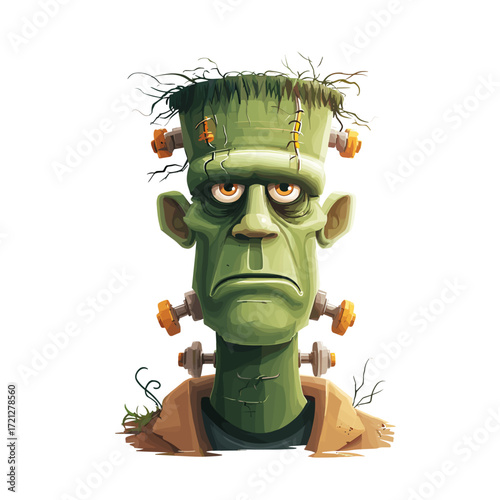 Cartoon Frankenstein monster character with bolts and grass on head  