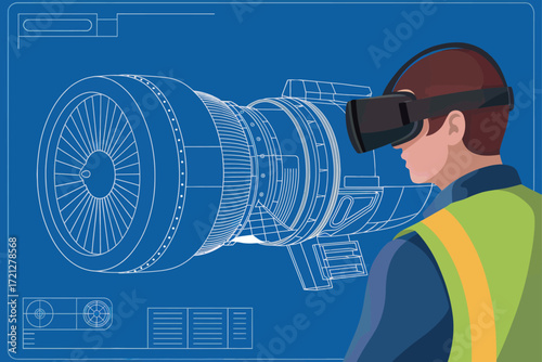 Engineer immersed in virtual reality blueprint of complex machinery enhancing design and collaboration