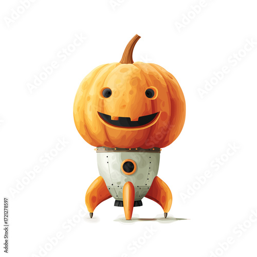 Halloween pumpkin character with rocket legs and a happy expression  