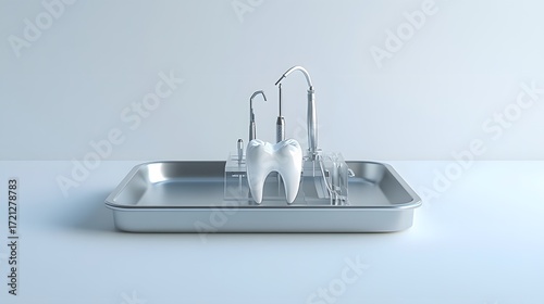 3D render of a tooth model with dental instruments displayed on a stainless steel tray against a light blue background.