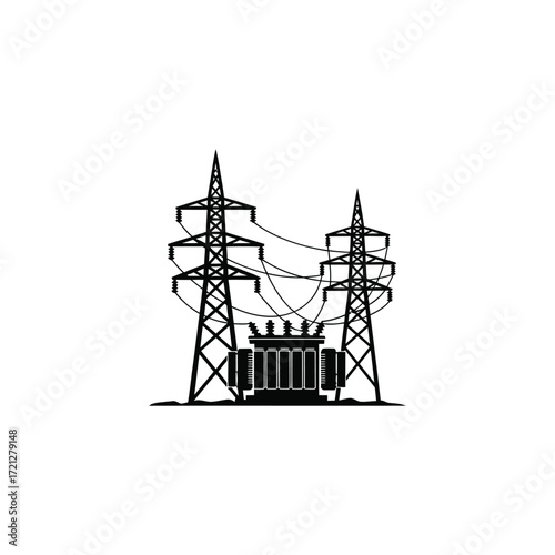 Electrical substation with power lines, transformer and high voltage towers, vector illustration