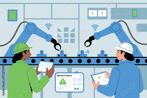 Modern automated factory scene with robotic arms and workers overseeing production on a conveyor belt