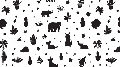 A collection of black vector silhouettes of animals like cats, dogs, and birds