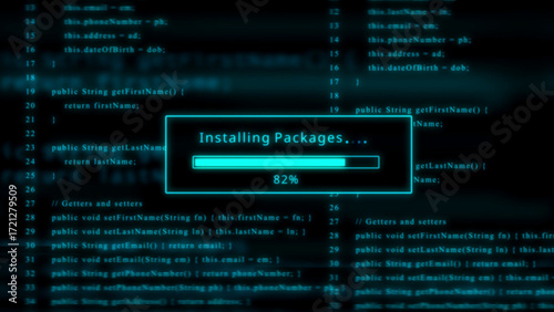 Cyan progress bar shows installing packages at 82 percent on a backdrop of scrolling code Keywords: computer, code, programming, software, installation, packages, progress, bar, loading, download