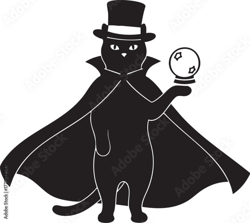 Vector art of black cat magician with crystal ball design