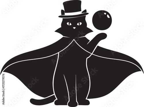 Vector art of black cat magician with cape holding crystal ball