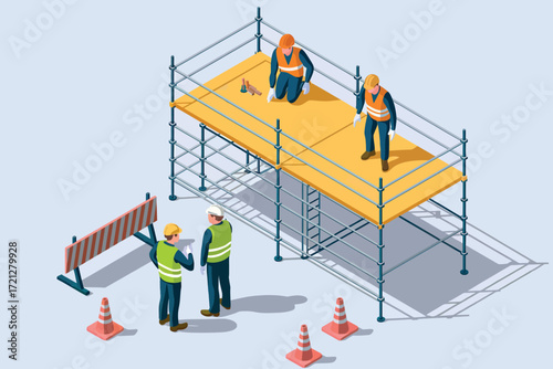 Construction site safety scene with workers on scaffolding and safety cones indicating a work zone area.