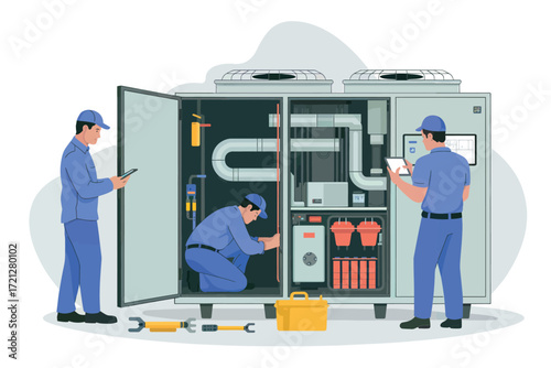 Skilled technicians performing industrial machinery maintenance and repair work inside a large control panel unit with tools and equipment present