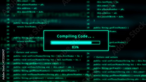 Compiling Code Progress Bar at 83% on Digital Code Background programming computer