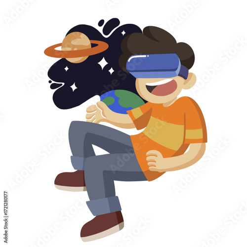 A boy wearing a VR headset, exploring the galaxy and holding the Earth. A joyful and imaginative scene depicting technology, virtual reality, and space exploration