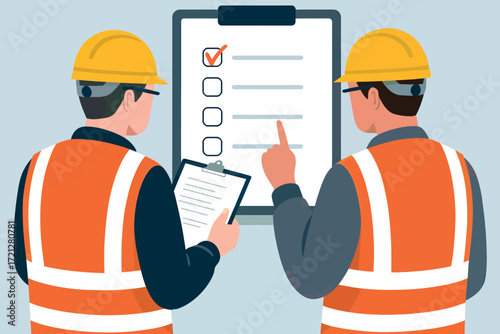 Two construction workers in hard hats and safety vests review a checklist on a clipboard with a completed task marked.