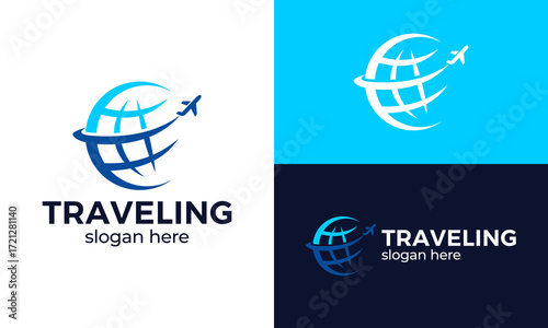 Traveling logo design. Abstract globe concept vector design with plane symbol graphic icon