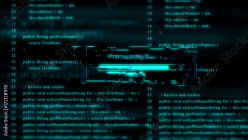 Cyan glowing computer code with glitch effect and progress bar Keywords: computer code, programming, coding, software, development, technology, digital, data, programming language, script