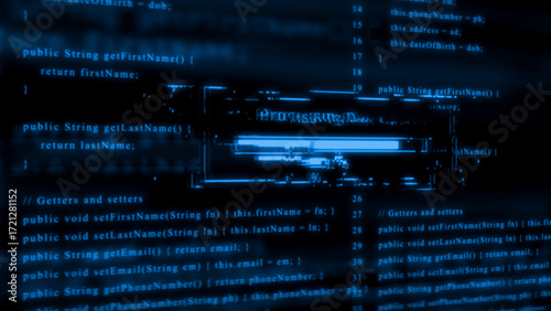 Blue glowing computer code with glitch effect and progress bar Keywords: computer code, programming, coding, software, development, technology, digital, data, programming language, script