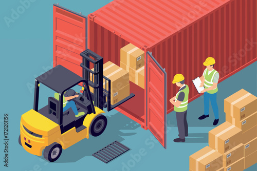 Logistics and shipping operations dynamic warehouse scene with forklift loading cargo into shipping container and workers overseeing