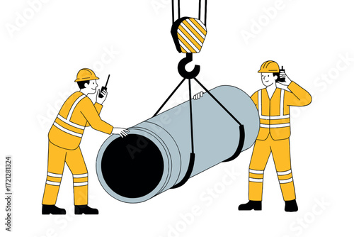 Construction workers in high-visibility gear guide heavy pipe installation with a crane for infrastructure projects