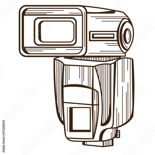 Detailed Line Drawing of a Camera Flash Unit with Head Tilted.