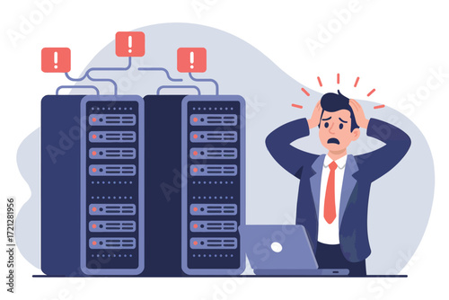 Server room crisis man panicked over flashing red lights and laptop data error system downtime technical issue computer network failure