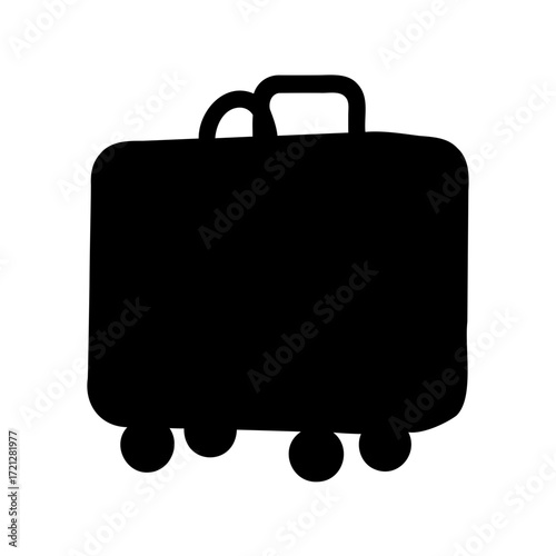 Stylized black luggage bag with wheels and handles for traveling