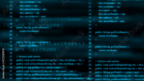 Symmetrical Cyan Code on a Dark Blurred Background with Green Tints programming software