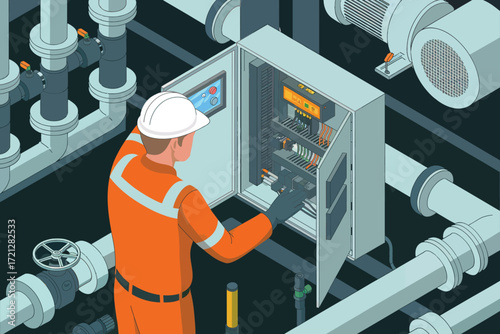 Industrial technician working on electrical control panel amidst complex pipe system machinery maintenance and operation