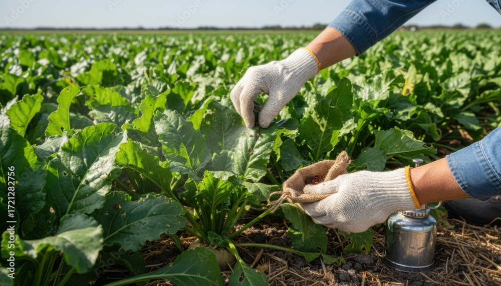Fototapeta premium Closeup of a gardener using organic methods to manage beetle infestations on vibrant sugar beet plants in an open field.