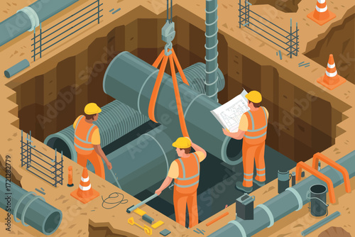 Construction workers in hard hats and safety vests using a crane to install large pipes in an isometric excavation site for infrastructure development projects