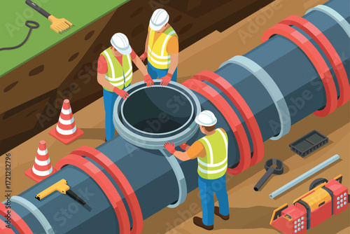 Construction workers collaborate on large pipeline installation project with safety vests and hard hats in industrial isometric scene