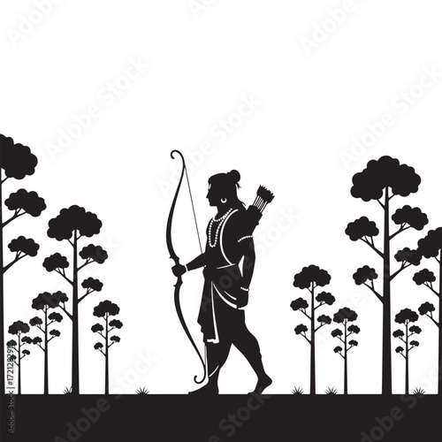 Lord Rama Silhouette Walking in Forest with Bow and Arrow