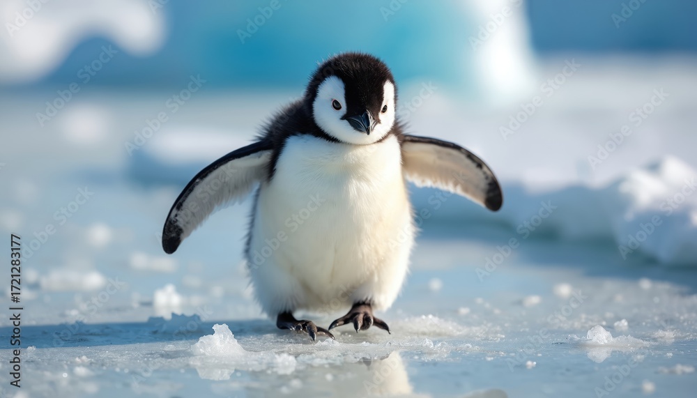 Naklejka premium Fluffy penguin chick walks on icy antarctic landscape. Small creature with black and white feathers navigates frozen terrain. Cold environment scene featuring juvenile aquatic bird in natural habitat.
