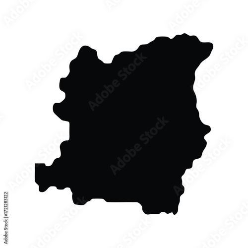 A graphic silhouette of a detailed land formation on white background