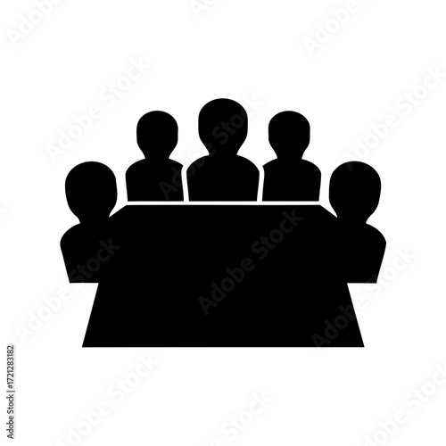 A black and white illustration of people sitting at a table meeting