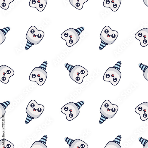 Mouth hygiene kawaii seamless pattern. Stomatology concept illustration. Oral hygiene, implantation, prosthetics textile design. Dental clinic. Vector