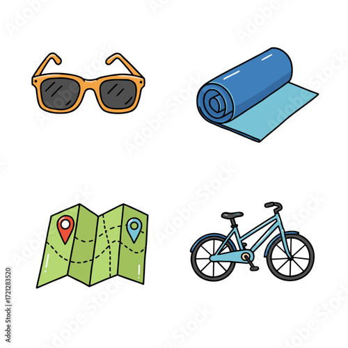 Collection of Digital detox themed icons, including Sunglasses, Yoga Mat, Bicycle, Paper Map