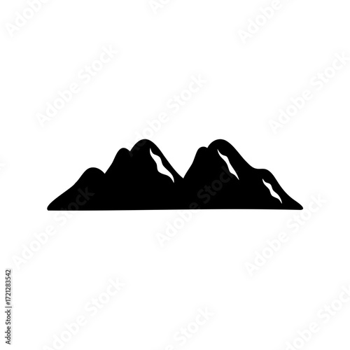 Black silhouette illustration of mountain range landscape with snow details on peaks