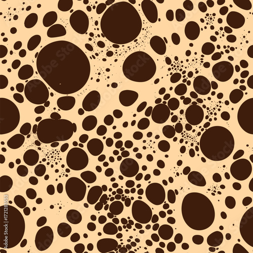 Vector seamless pattern with coffee foam bubbles. Abstract texture with circles, dots, spots. Brown and beige color background. Trendy modern repeat design for decor, textile, cafe interior, printing