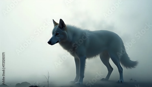 A white wolf standing in the middle of a foggy field.
