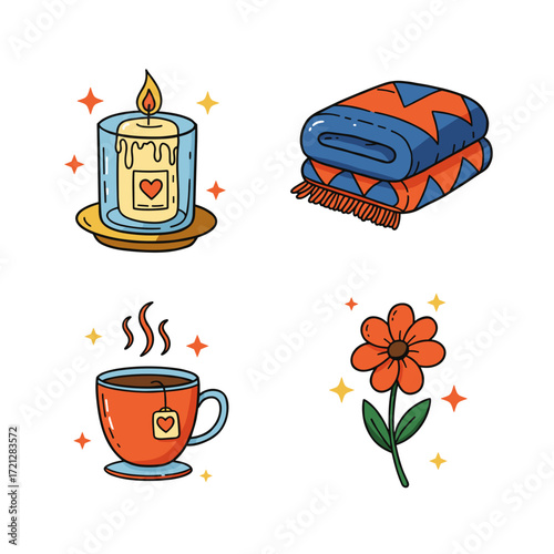 Collection of Digital detox themed icons, including Candle, Blanket, Hot Tea, Flower