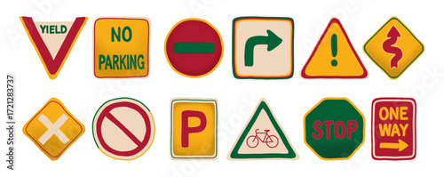 The collection of hand drawn street signs and traffic signs is colorful.