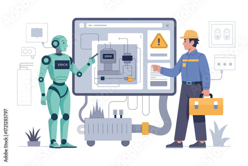 Futuristic robot and technician collaborate on advanced technology display for industrial innovation and automation