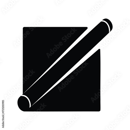 Abstract minimalist illustration featuring a square and cylindrical shape in black and white