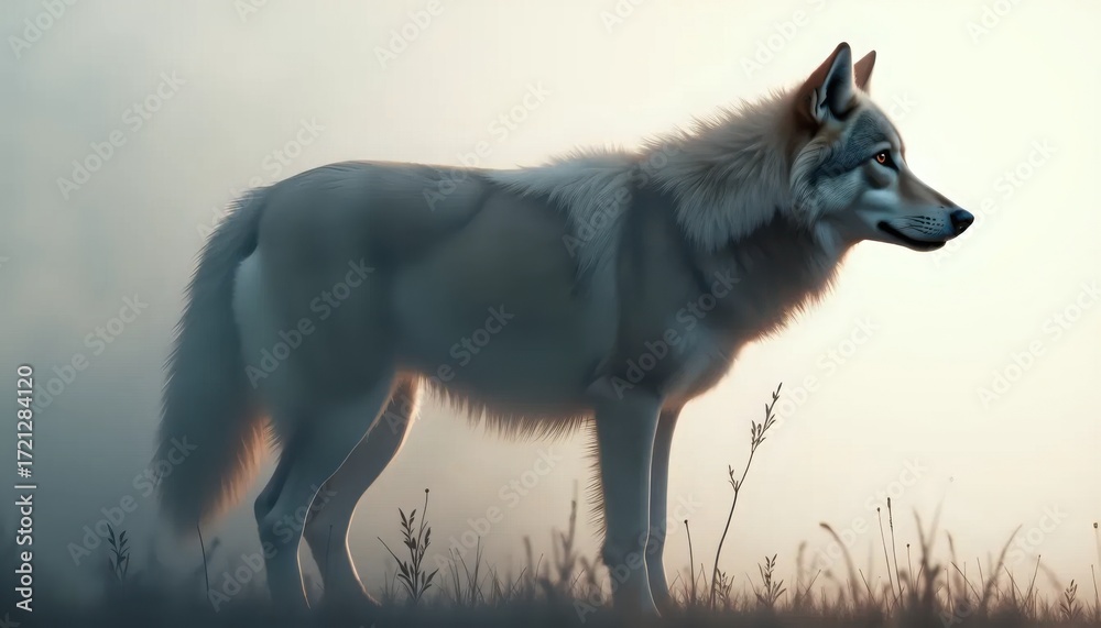 Fototapeta premium A digital painting of a wolf standing in a field.