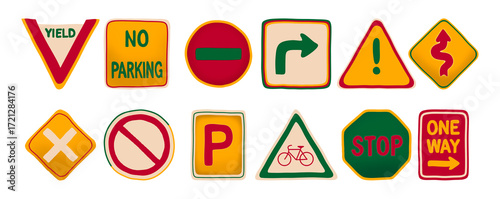 The collection of hand drawn street signs and traffic signs is colorful.